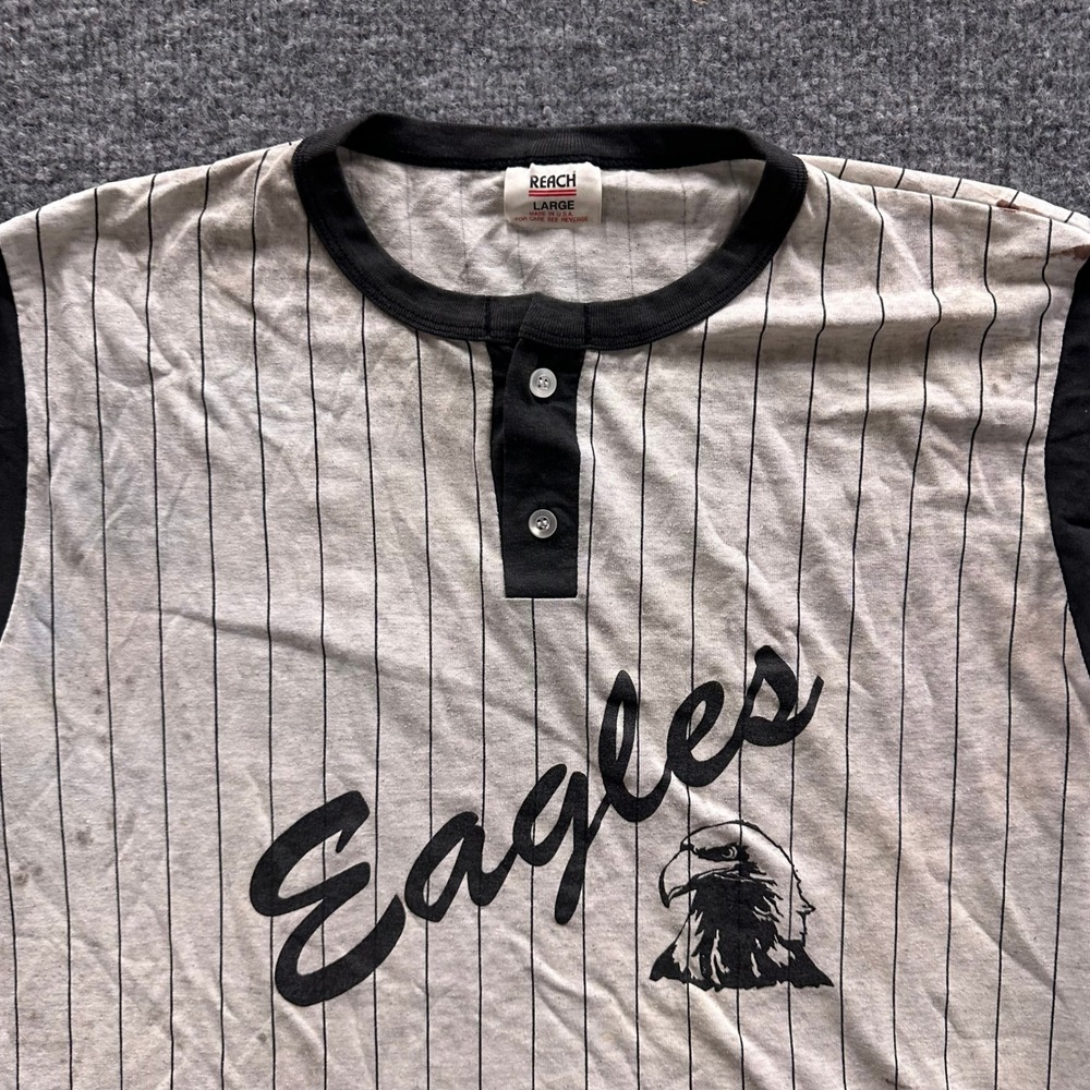 Reach Henley Mens Size Large Gray Pinstripe Baseball Coach Eagles USA Vintage